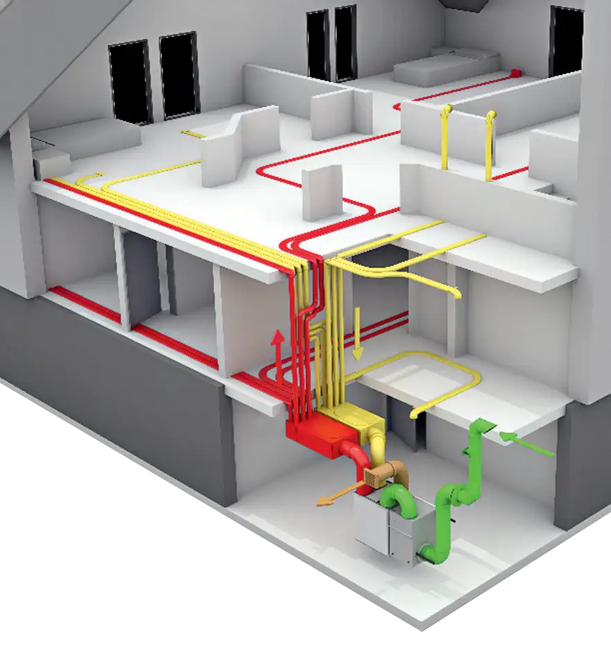 Imagen 3d de instalación de recuperado de calor en inmueble