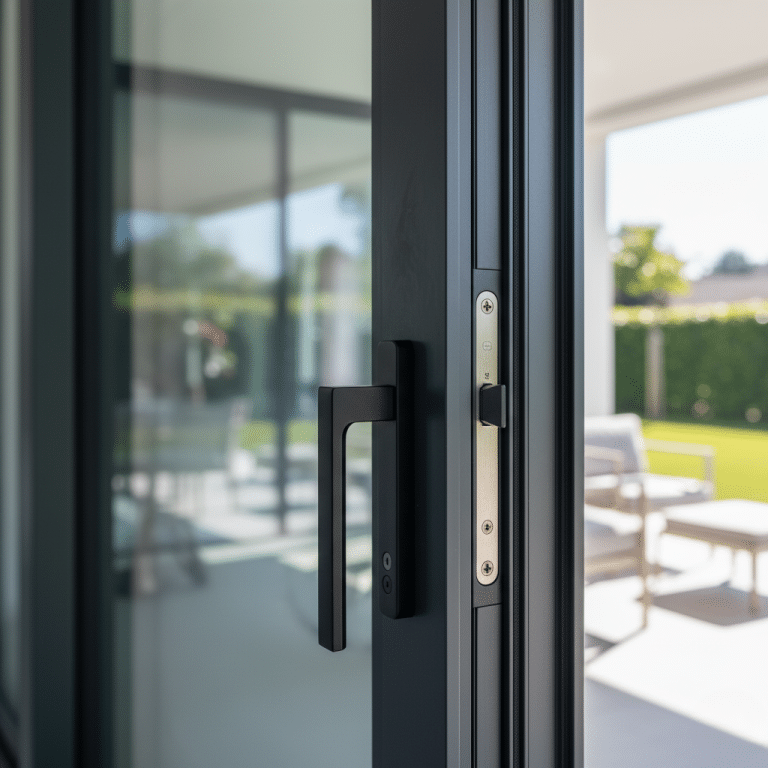 Primer plano de un tirador y cierre de alta seguridad en una puerta corredera de aluminio o PVC de alto rendimiento.