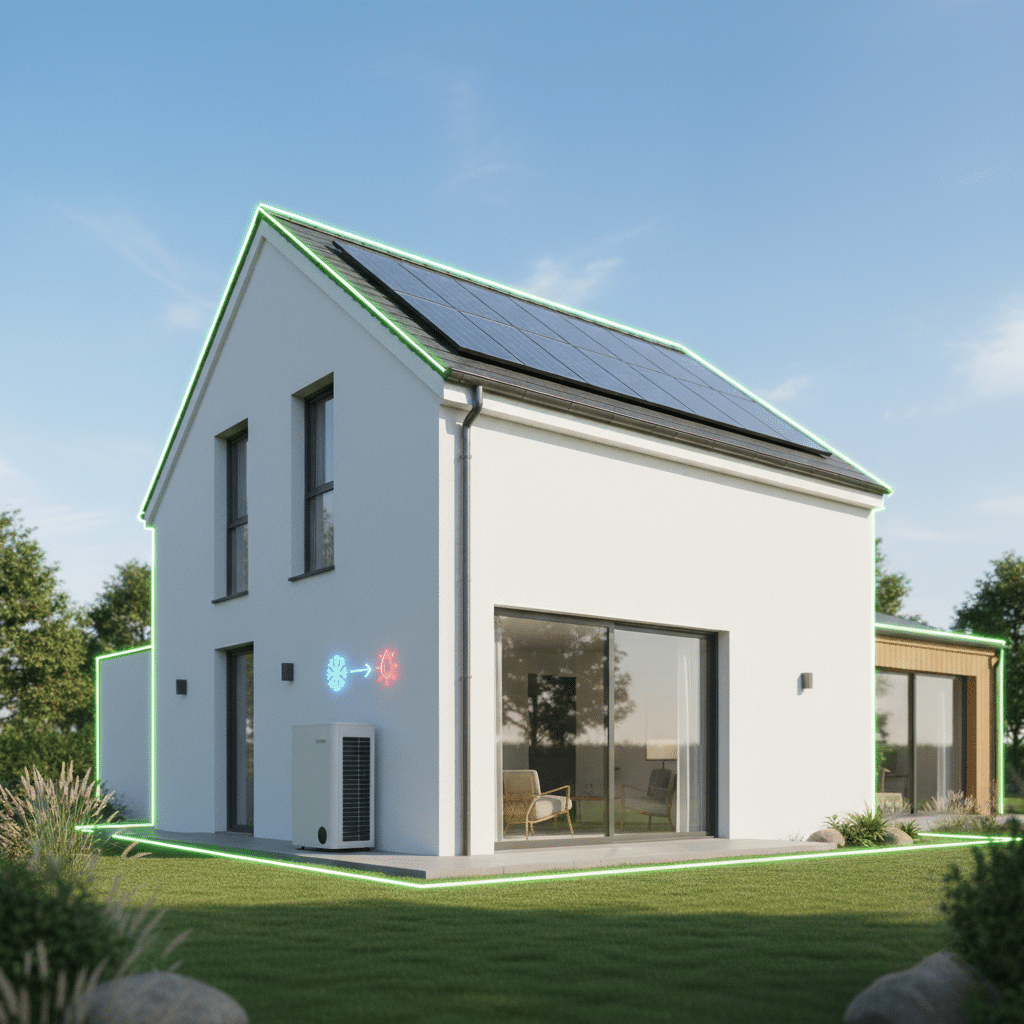 Vivienda moderna de consumo casi cero con paneles solares, bomba de calor de aerotermia, y un contorno verde que simboliza la eficiencia energética total.