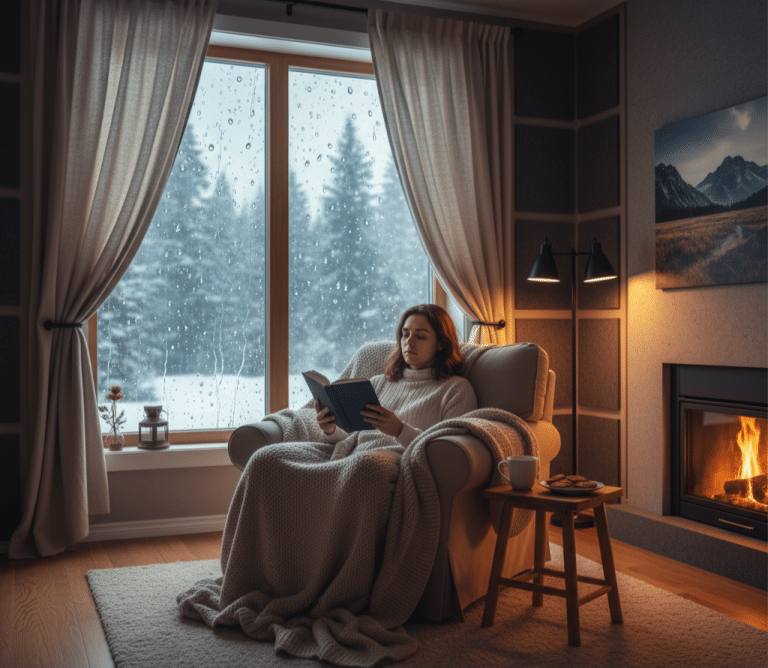 Otros servicios. Mujer leyendo cómodamente junto a una chimenea, disfrutando de un hogar cálido a pesar de la nieve exterior, gracias al **aislamiento térmico**.