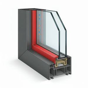 Puertas y ventanas. Diagrama de corte transversal de una ventana de doble acristalamiento con rotura de puente térmico, mostrando su alta capacidad de aislamiento.