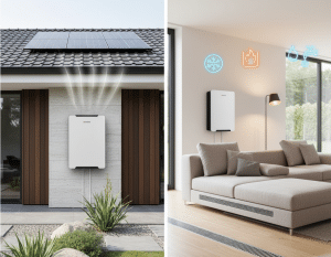 Imagen doble mostrando una bomba de calor de **aerotermia** exterior con paneles solares, y la unidad de control interior para climatización y ACS.