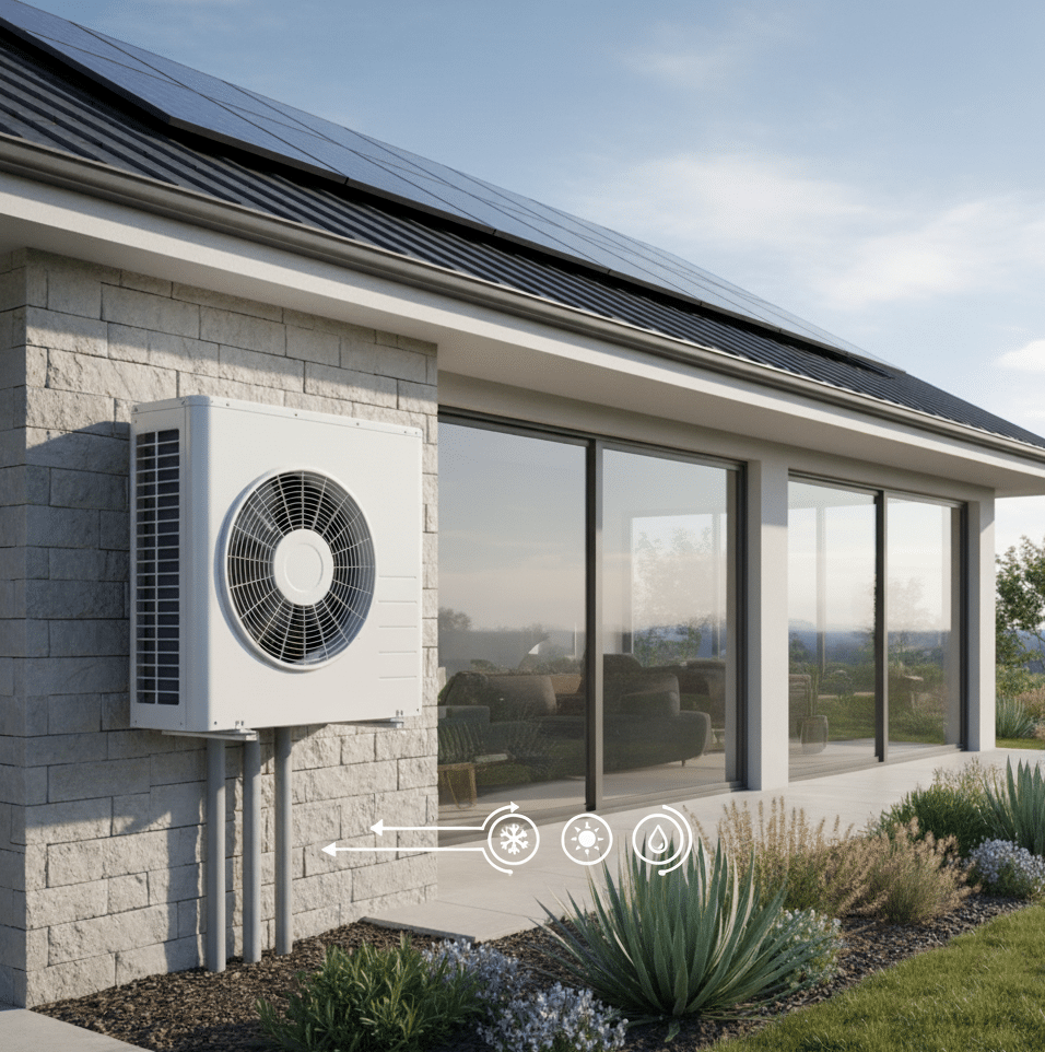Unidad exterior de un sistema de aerotermia instalada en la fachada de una vivienda con paneles solares, indicando funciones de calefacción, refrigeración y ACS.
