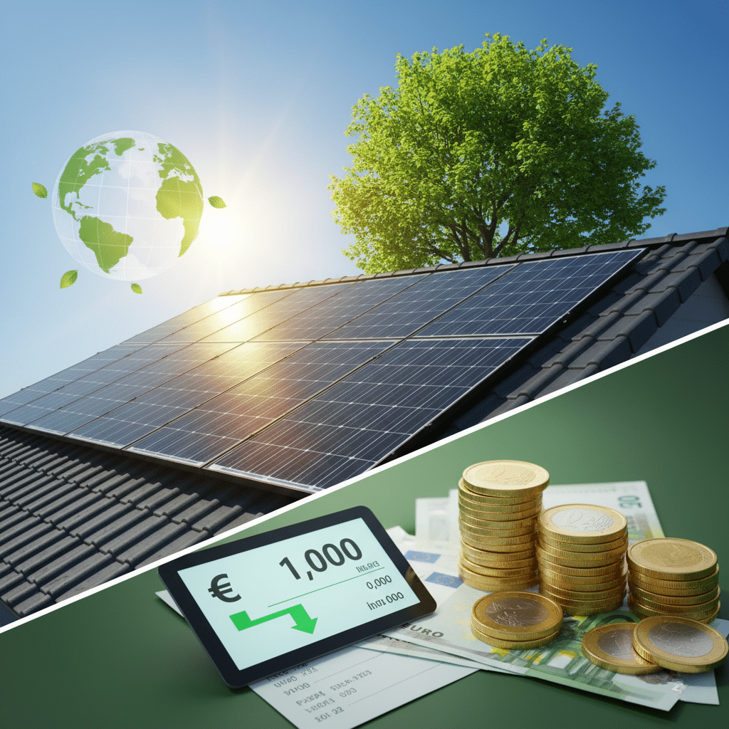 Imagen compuesta que muestra paneles solares fotovoltaicos en un tejado y el ahorro de 1000€ en una factura eléctrica con monedas.