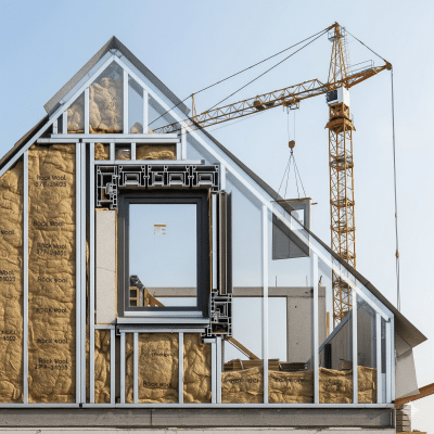 Vista de sección de una casa en construcción, mostrando el aislamiento térmico Passivhaus, estructura de acero y perfilería de ventana de alta eficiencia, con una grúa de fondo.