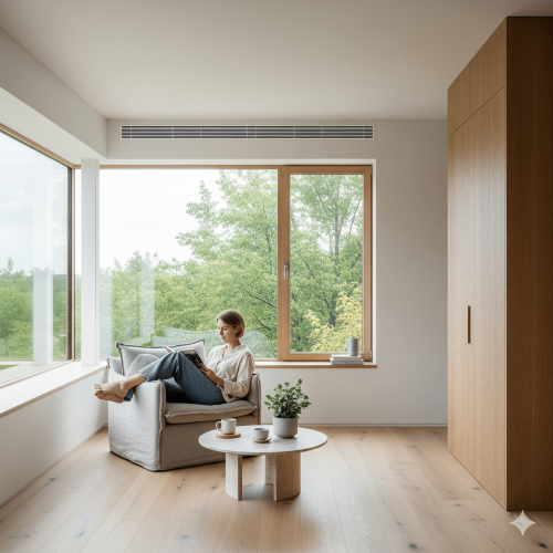 Una mujer relajándose en una casa passivhaus con grandes ventanales que maximizan la luz natural, destacando el confort interior.