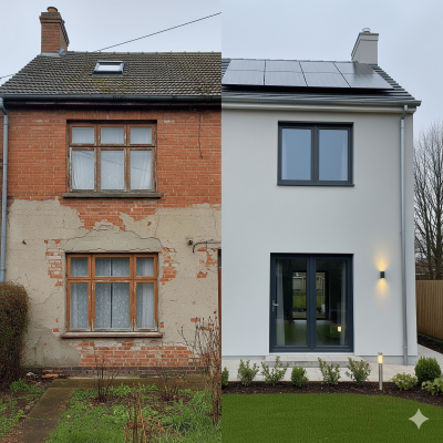 Comparativa antes y después de una casa reformada con estándares de construcción industrializada, mostrando el cambio a una vivienda passivhaus con paneles solares.