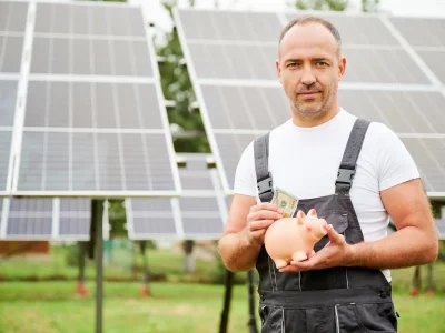Técnico instalador de placas solares sosteniendo una hucha de cerdito y un billete, simbolizando el ahorro económico
